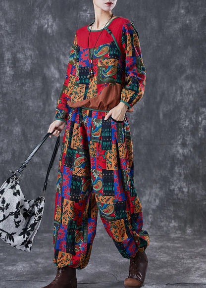 Boho Red Print Patchwork Cotton Women Two-Piece Set Fall Ada Fashion