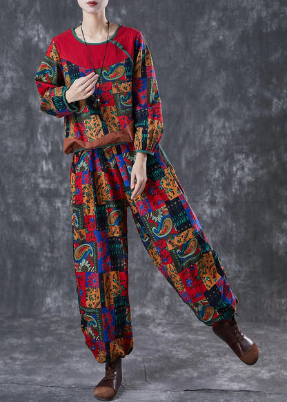 Boho Red Print Patchwork Cotton Women Two-Piece Set Fall Ada Fashion