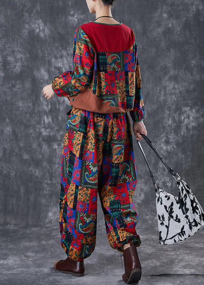 Boho Red Print Patchwork Cotton Women Two-Piece Set Fall Ada Fashion