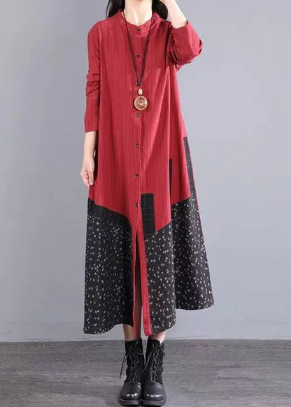 Boho Red Print Pockets Patchwork Cotton Long Dresses Fall Ada Fashion