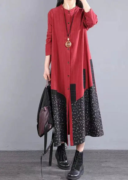 Boho Red Print Pockets Patchwork Cotton Long Dresses Fall Ada Fashion