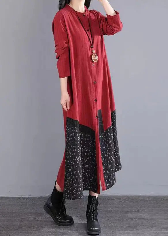 Boho Red Print Pockets Patchwork Cotton Long Dresses Fall Ada Fashion