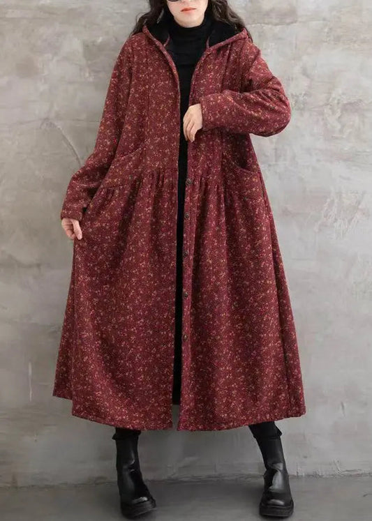 Boho Red Print Pockets Patchwork Warm Fleece Hooded Trench Winter Ada Fashion