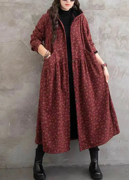 Boho Red Print Pockets Patchwork Warm Fleece Hooded Trench Winter Ada Fashion