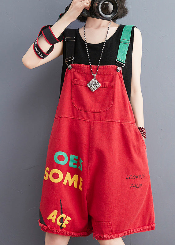 Boho Red Slash Neck Graphic Print Patchwork Button Denim Jumpsuit Summer LY1276 - fabuloryshop