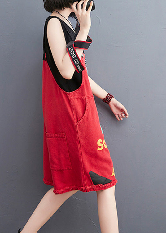 Boho Red Slash Neck Graphic Print Patchwork Button Denim Jumpsuit Summer LY1276