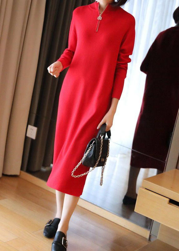 Boho Red Stand Collar Zip Up Knit Maxi Dresses Spring LY1451 - fabuloryshop