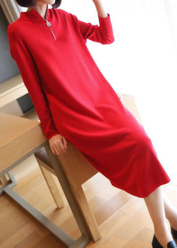 Boho Red Stand Collar Zip Up Knit Maxi Dresses Spring LY1451 - fabuloryshop