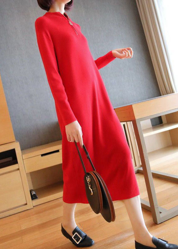 Boho Red Stand Collar Zip Up Knit Maxi Dresses Spring LY1451 - fabuloryshop