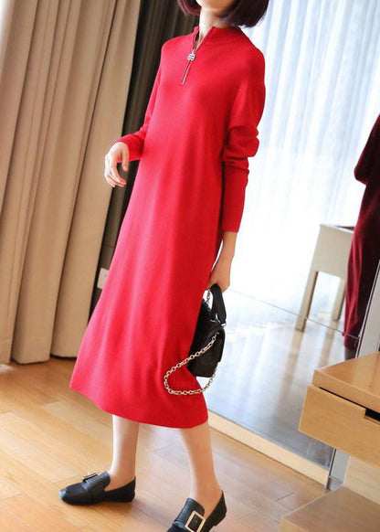 Boho Red Stand Collar Zip Up Knit Maxi Dresses Spring LY1451 - fabuloryshop