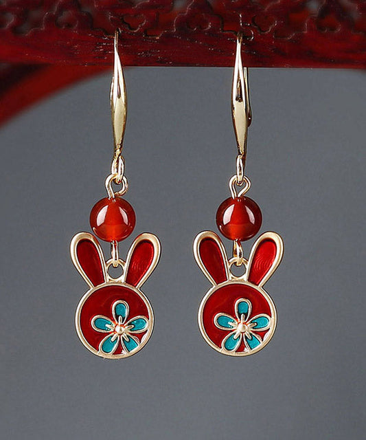 Boho Red Sterling Silver Agate Cloisonne Rabbit Drop Earrings LY2044 - fabuloryshop