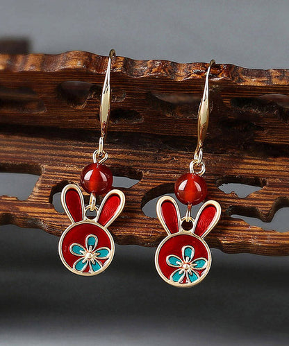 Boho Red Sterling Silver Agate Cloisonne Rabbit Drop Earrings LY2044 - fabuloryshop