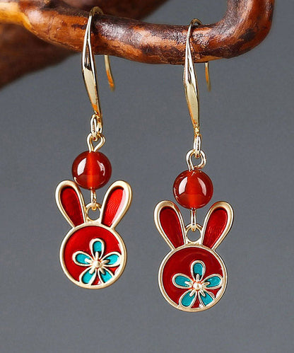 Boho Red Sterling Silver Agate Cloisonne Rabbit Drop Earrings LY2044 - fabuloryshop