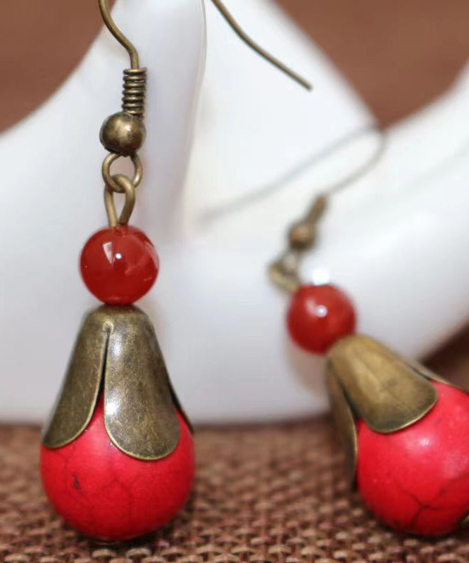 Boho Red Turquoise Patchwork Copper Drop Earrings Ada Fashion