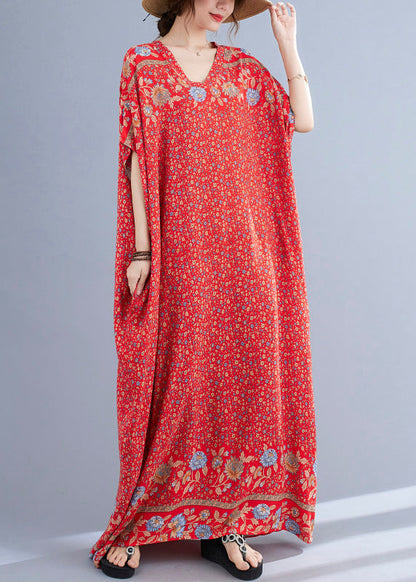 Boho Red V Neck Print Cotton Holiday Long Dress Summer Ada Fashion