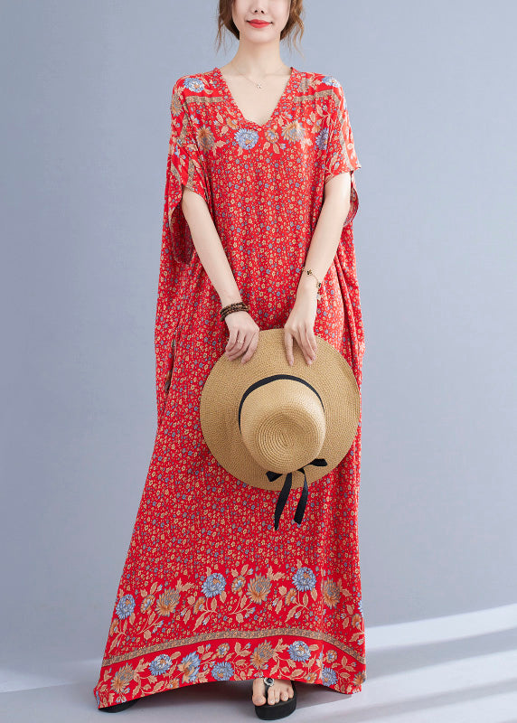 Boho Red V Neck Print Cotton Holiday Long Dress Summer Ada Fashion