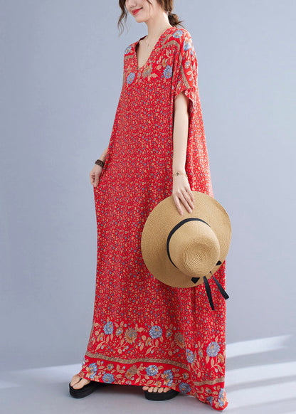 Boho Red V Neck Print Cotton Holiday Long Dress Summer Ada Fashion