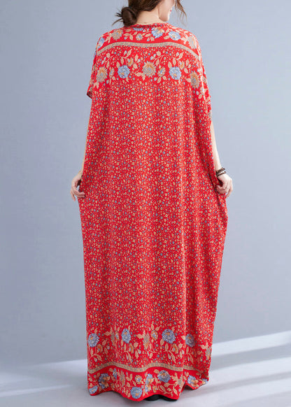 Boho Red V Neck Print Cotton Holiday Long Dress Summer Ada Fashion