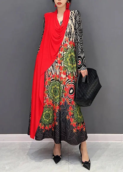 Boho Red V Neck Print Patchwork Cotton Long Dresses Fall Ada Fashion