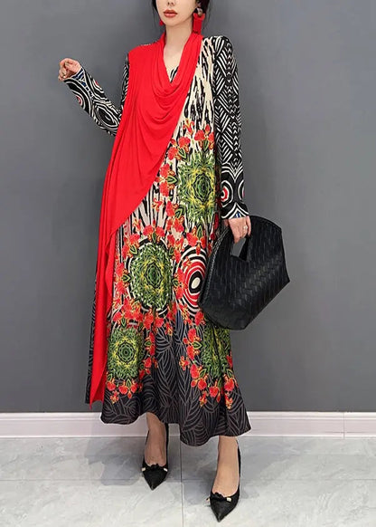 Boho Red V Neck Print Patchwork Cotton Long Dresses Fall Ada Fashion