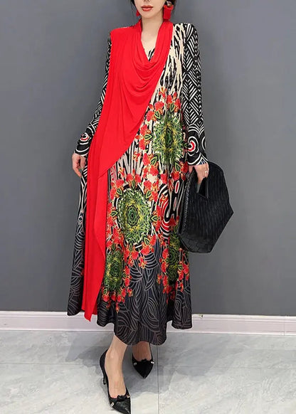 Boho Red V Neck Print Patchwork Cotton Long Dresses Fall Ada Fashion