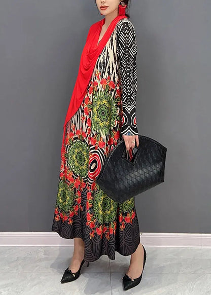 Boho Red V Neck Print Patchwork Cotton Long Dresses Fall Ada Fashion