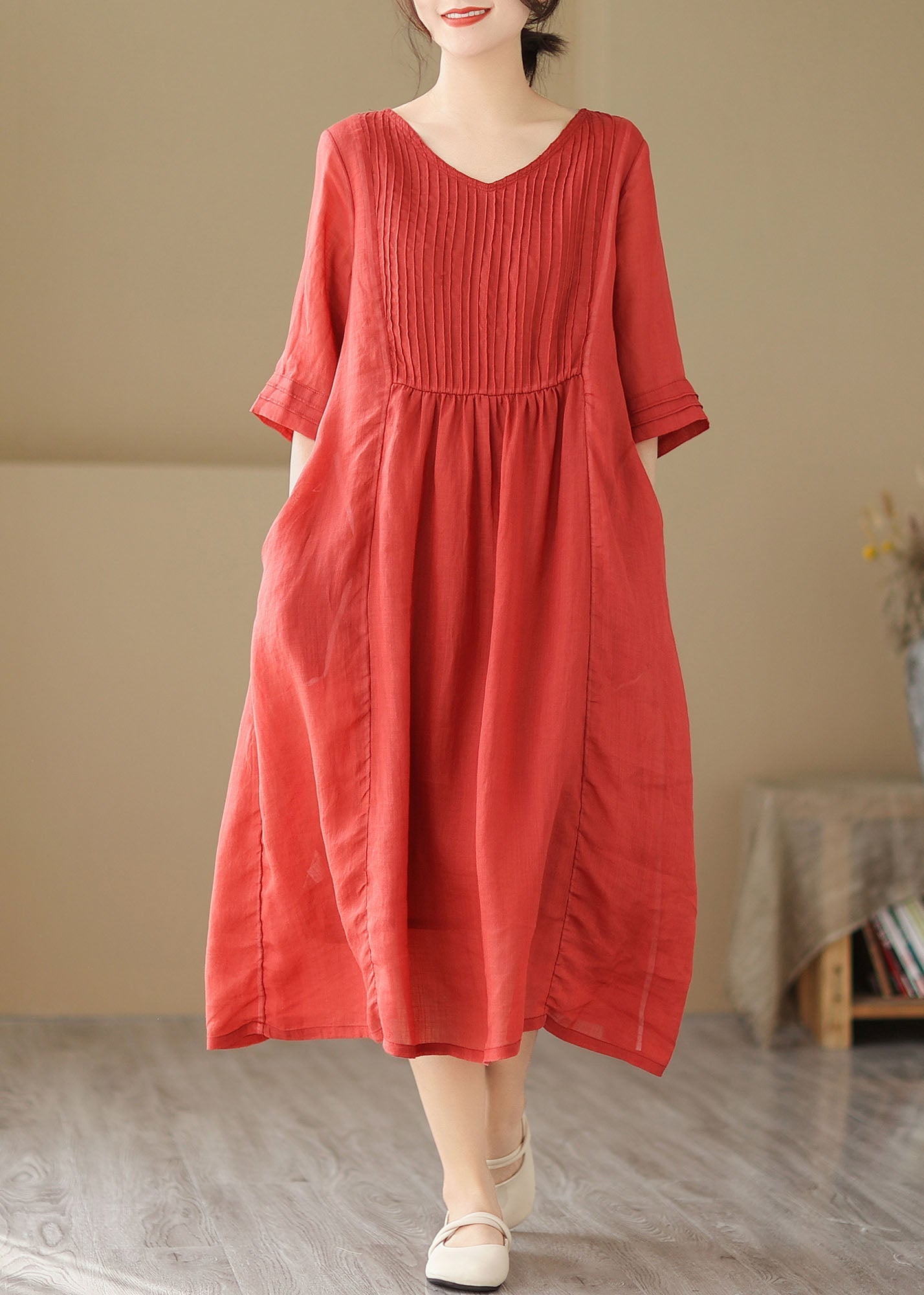 Boho Red V Neck Wrinkled Patchwork Linen Dress Summer LY4932 - fabuloryshop