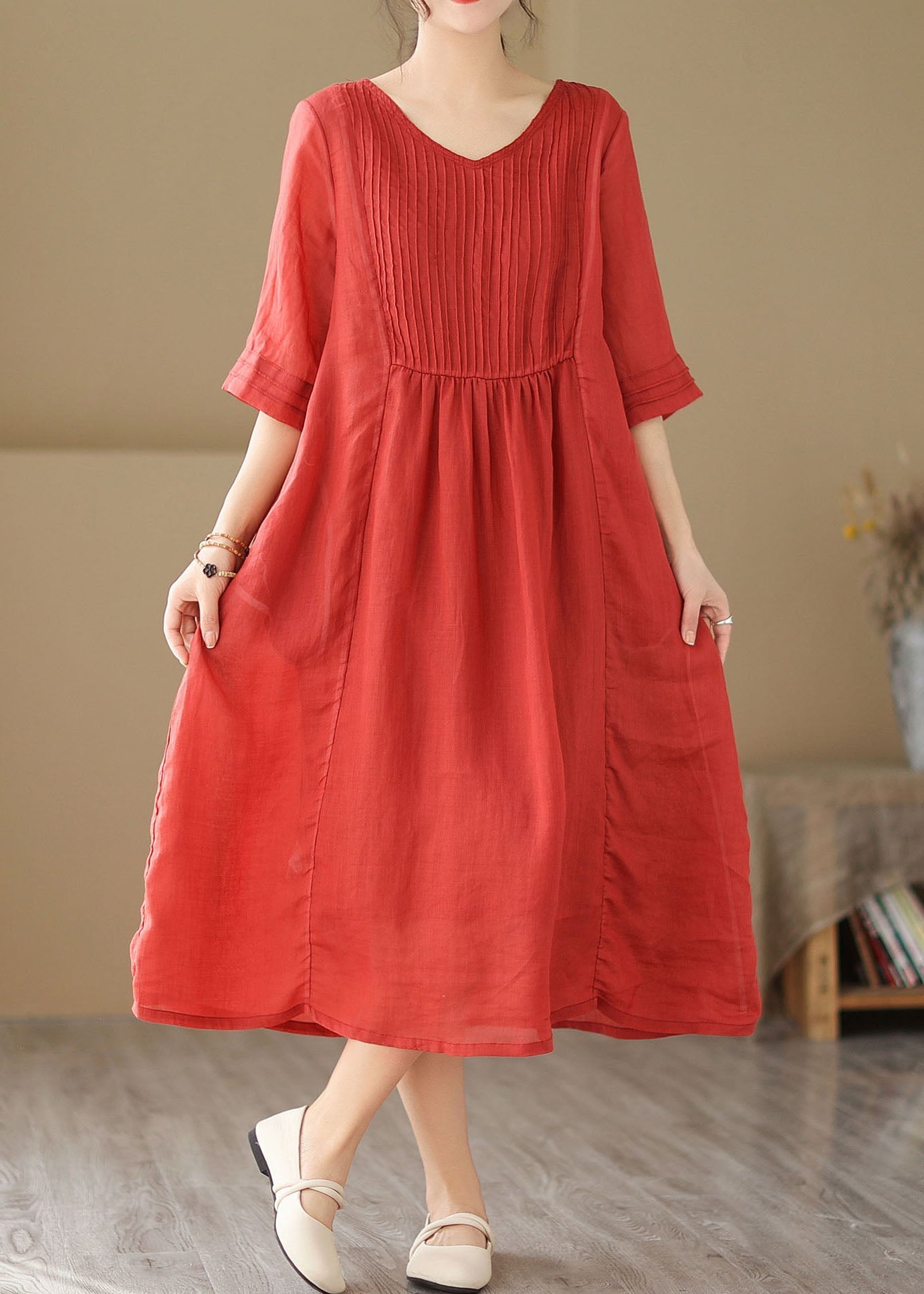 Boho Red V Neck Wrinkled Patchwork Linen Dress Summer LY4932 - fabuloryshop