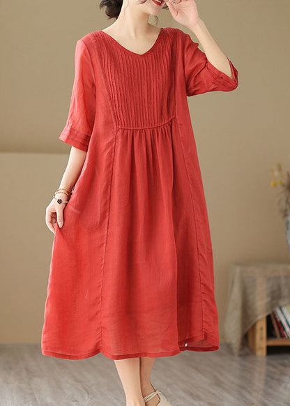 Boho Red V Neck Wrinkled Patchwork Linen Dress Summer LY4932 - fabuloryshop