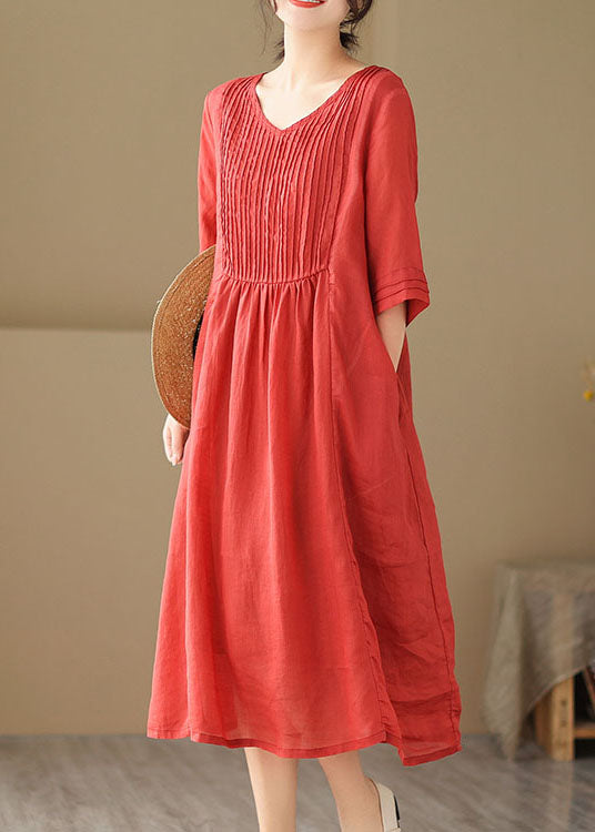 Boho Red V Neck Wrinkled Patchwork Linen Dress Summer LY4932 - fabuloryshop