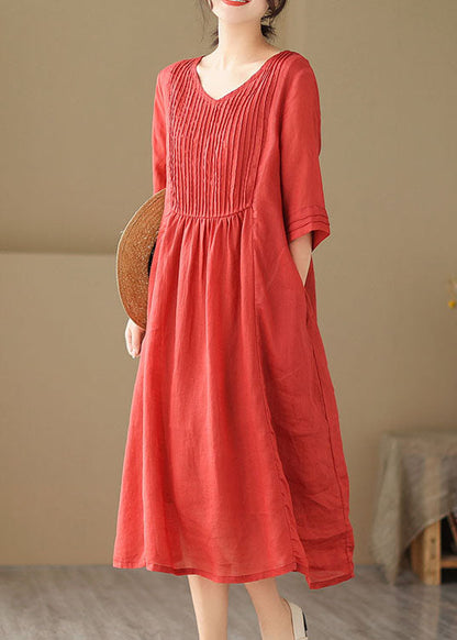 Boho Red V Neck Wrinkled Patchwork Linen Dress Summer LY4932 - fabuloryshop