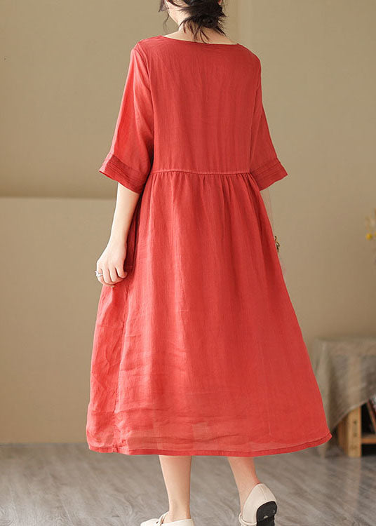 Boho Red V Neck Wrinkled Patchwork Linen Dress Summer LY4932 - fabuloryshop