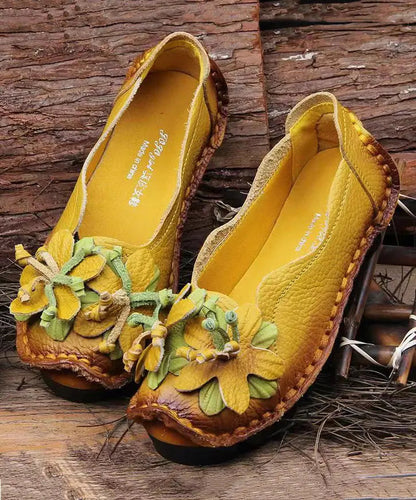 Boho Retro Splicing Flats Yellow Faux Leather Floral Ada Fashion