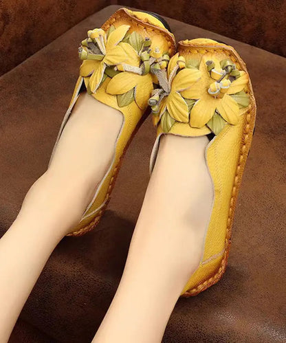 Boho Retro Splicing Flats Yellow Faux Leather Floral Ada Fashion