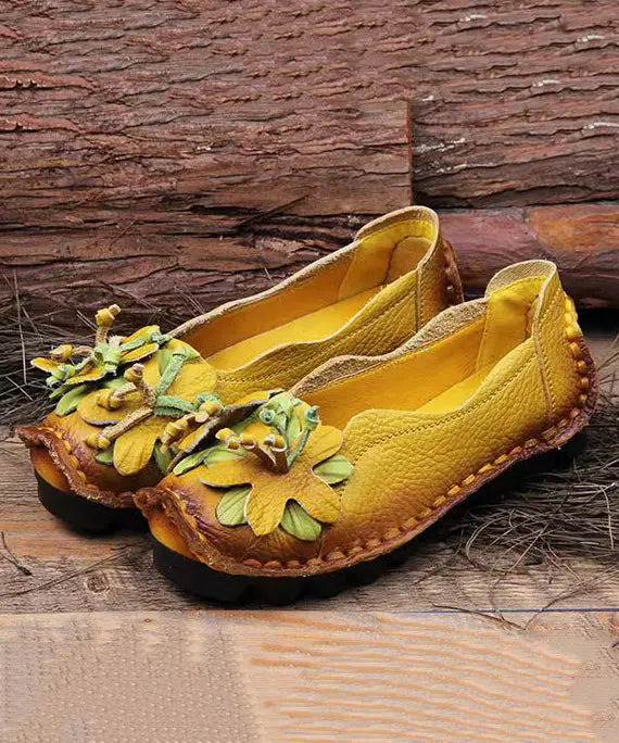 Boho Retro Splicing Flats Yellow Faux Leather Floral Ada Fashion
