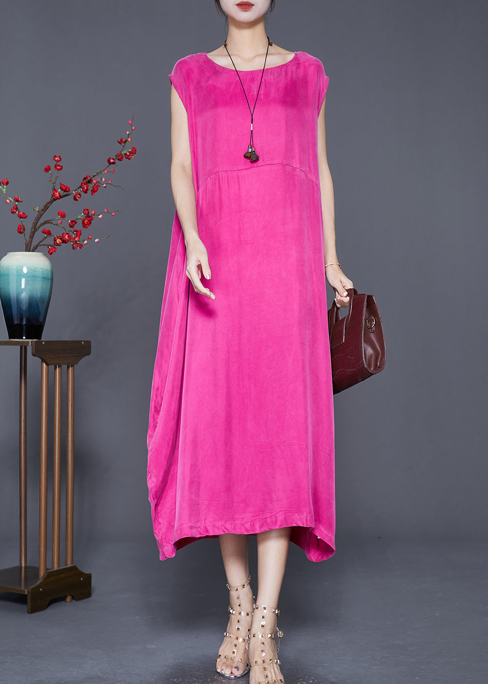 Boho Rose O-Neck Draping Silk Beach Dress Summer LY7675