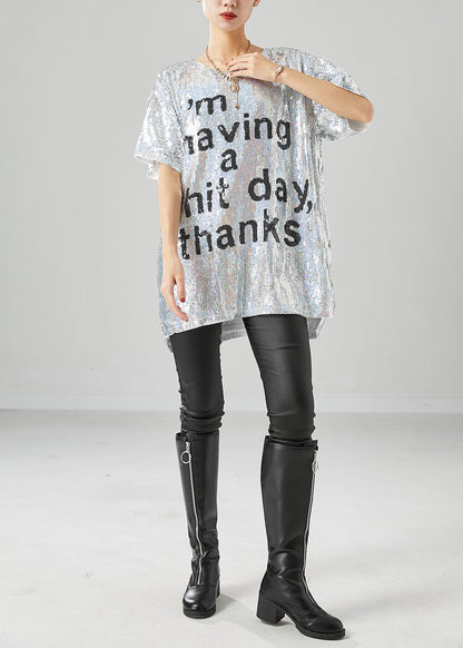 Boho Silver Sequins Oversized Letter Print Tanks Summer LY6782 - fabuloryshop