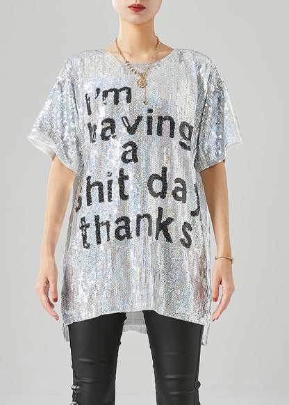 Boho Silver Sequins Oversized Letter Print Tanks Summer LY6782 - fabuloryshop