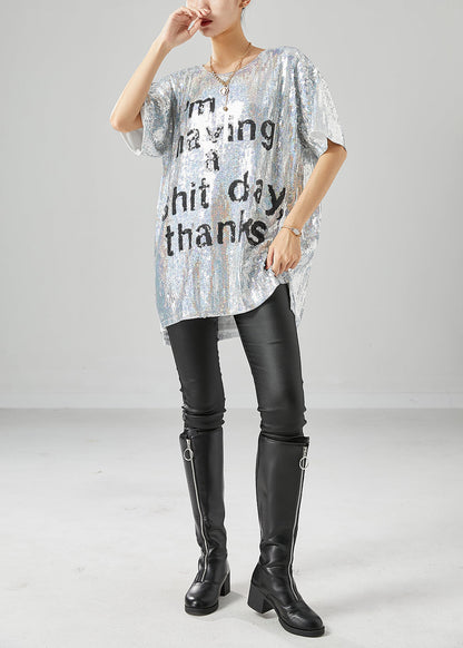 Boho Silver Sequins Oversized Letter Print Tanks Summer LY6782 - fabuloryshop