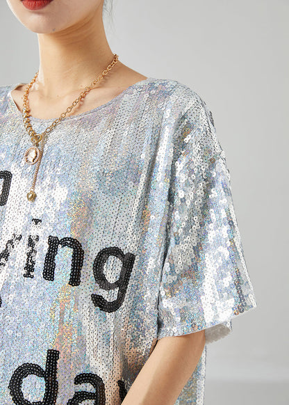 Boho Silver Sequins Oversized Letter Print Tanks Summer LY6782 - fabuloryshop