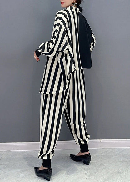 Boho Striped Pockets Asymmetrical Patchwork Cotton Two Piece Set Fall Ada Fashion