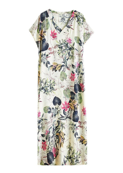 Boho V Neck Print Cozy Maxi Dress Short Sleeve Ada Fashion