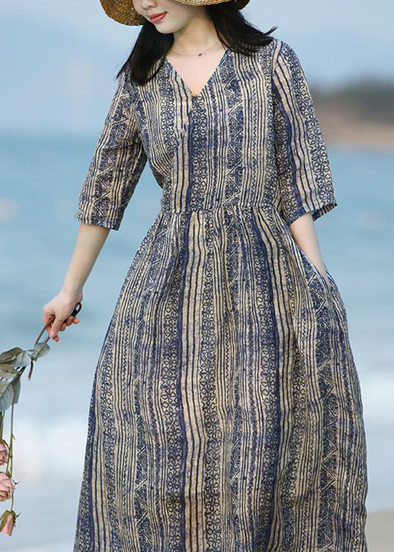 Boho V Neck Striped Print Patchwork Ramie Long Dress Summer LY2915 - fabuloryshop