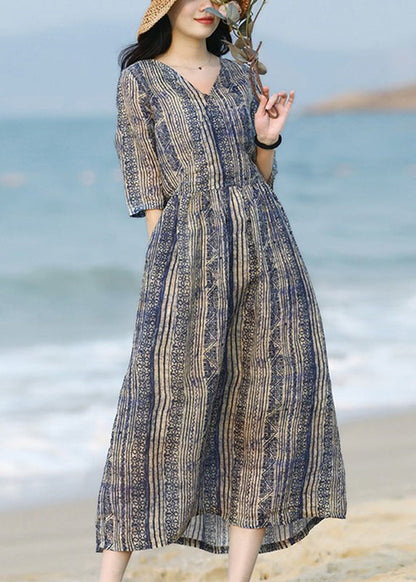 Boho V Neck Striped Print Patchwork Ramie Long Dress Summer LY2915 - fabuloryshop