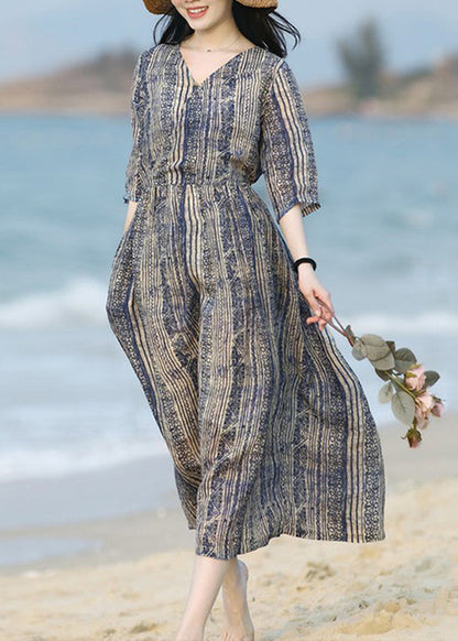 Boho V Neck Striped Print Patchwork Ramie Long Dress Summer LY2915 - fabuloryshop