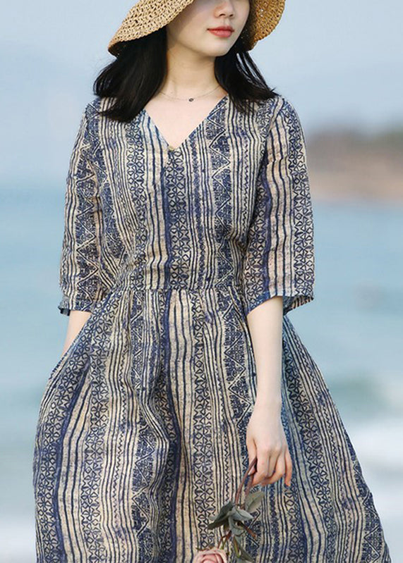 Boho V Neck Striped Print Patchwork Ramie Long Dress Summer LY2915 - fabuloryshop