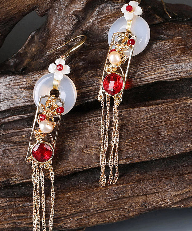 Boho White Copper Jade Agate Pearl Tassel Drop Earrings LY2014 - fabuloryshop