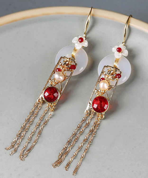 Boho White Copper Jade Agate Pearl Tassel Drop Earrings LY2014 - fabuloryshop