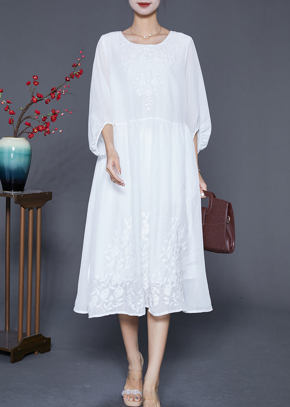 Boho White Embroideried Oversized Cotton Dress Lantern Sleeve Ada Fashion