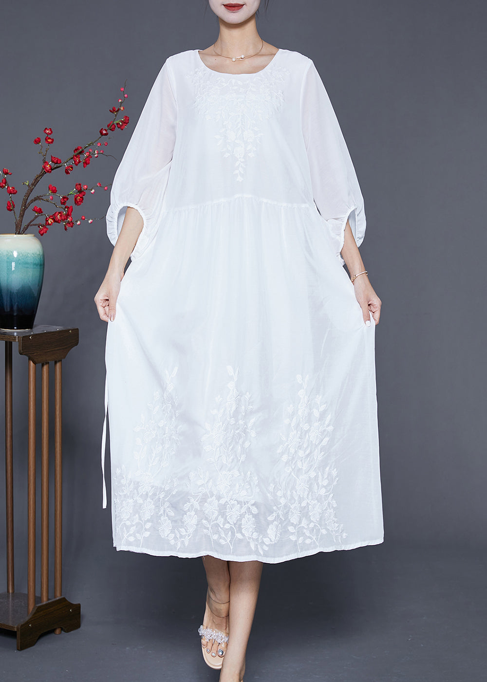 Boho White Embroideried Oversized Cotton Dress Lantern Sleeve Ada Fashion